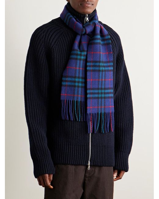 Fringed Checked Cashmere Scarf di Burberry in Blue da Uomo
