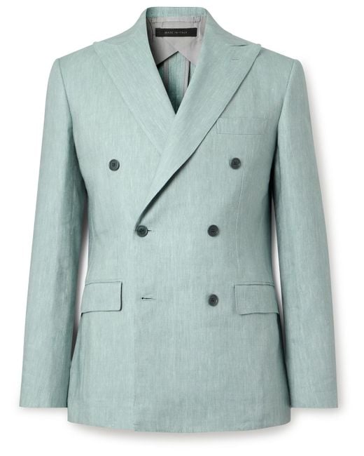 Brioni Blue Double-Breasted Herringbone Linen, Wool And Silk-Blend Suit Jacket for men