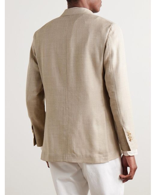 Rubinacci Natural Unstructured Double-Breasted Herringbone Virgin Wool, Silk And Linen-Blend Blazer for men