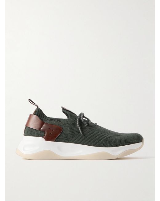 Berluti Green Shadow Leather-Trimmed Stretch-Knit Sneakers for men