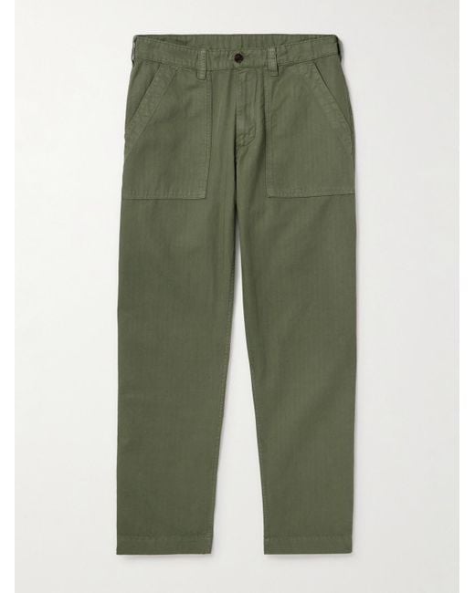 Drake's Green Tapered Herringbone Cotton And Linen-Blend Twill Trousers for men