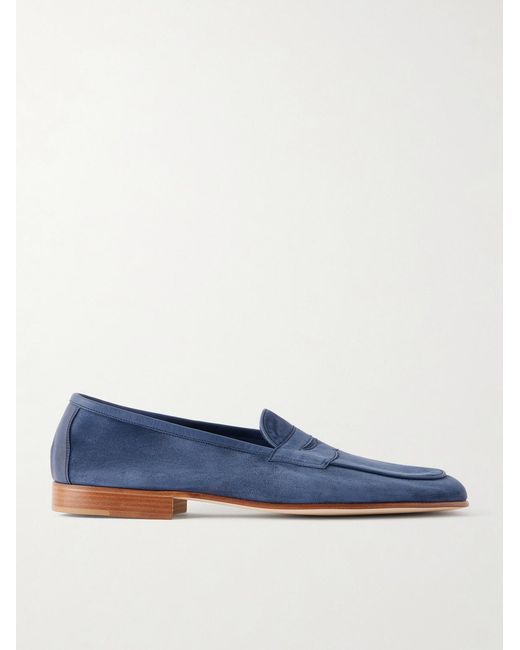 Edward Green Blue Polperro Leather-Trimmed Suede Penny Loafers for men