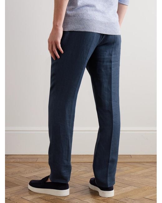 Kingsman Blue Straight-leg Pleated Linen-twill Trousers for men