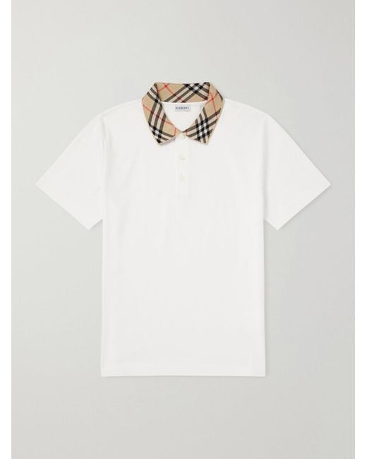 Burberry White Checked Cotton-Piqué Polo Shirt for men