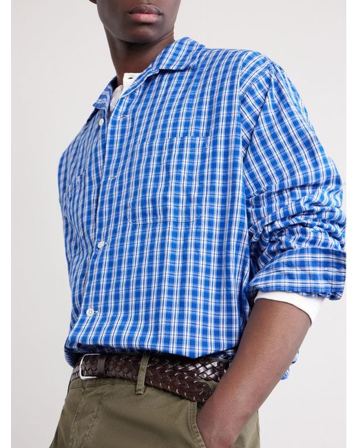 Beams Plus Blue Camp-Collar Checked Cotton Shirt for men