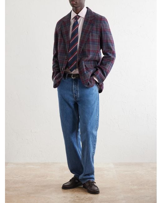 Drake's Blue Madras Games Checked Linen-Blend Blazer for men