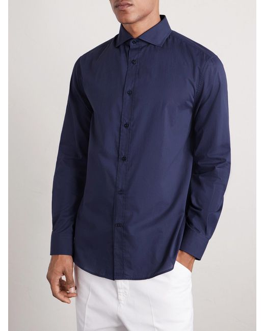 Brunello Cucinelli Blue Cutaway-collar Cotton Shirt for men