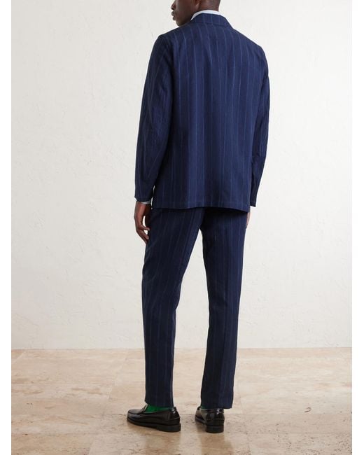 Drake's Blue Games Pinstriped Linen And Cotton-blend Suit Jacket for men