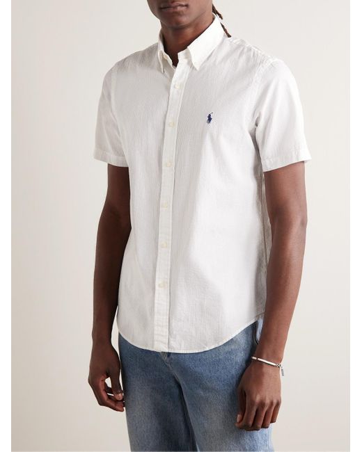 Polo Ralph Lauren White Button-Down Collar Cotton-Seersucker Shirt for men