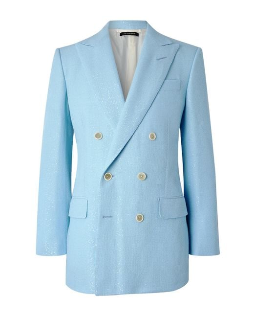 Tom Ford Blue Double-breasted Sequinned Wool-blend Suit Jacket for men