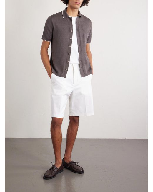 Fedeli Brown Camp-collar Contrast-tipped Linen And Cotton-blend Shirt for men