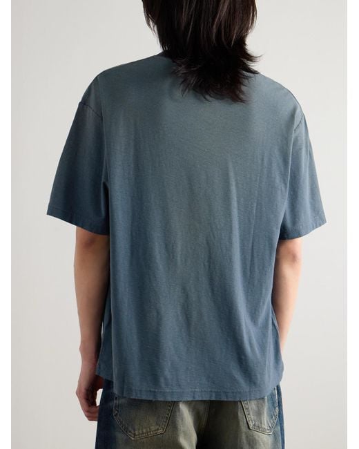 Acne Blue Exford Distressed Logo-Print Cotton And Hemp-Blend Jersey T-Shirt for men