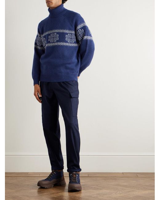 Brunello Cucinelli Blue Intarsia-Knit Cashmere Rollneck Sweater for men