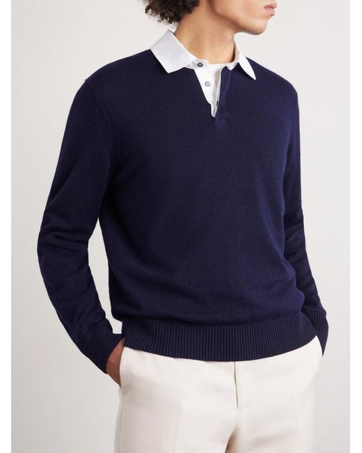 Dunhill Blue Cotton-trimmed Cashmere And Linen-blend Polo Shirt for men