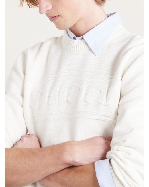 Gucci White Logo-Intarsia Cotton And Wool-Blend Sweater for men