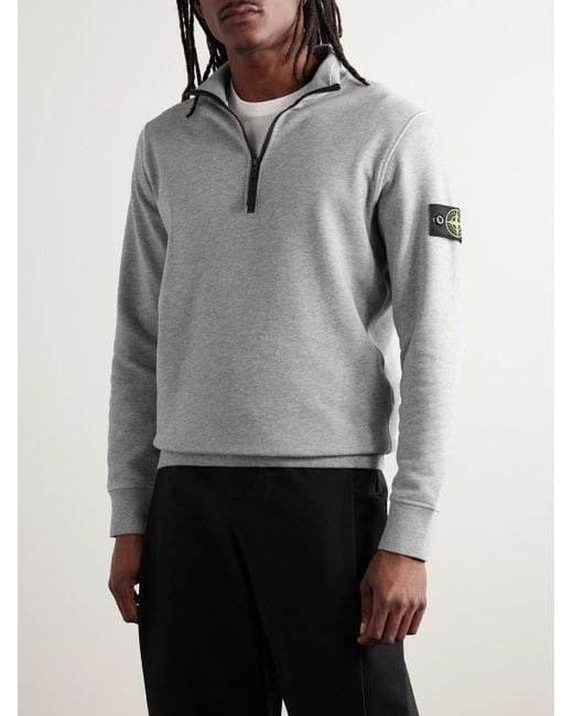 Stone Island Gray Logo-Appliquéd Garment-Dyed Cotton-Jersey Half-Zip Sweatshirt for men