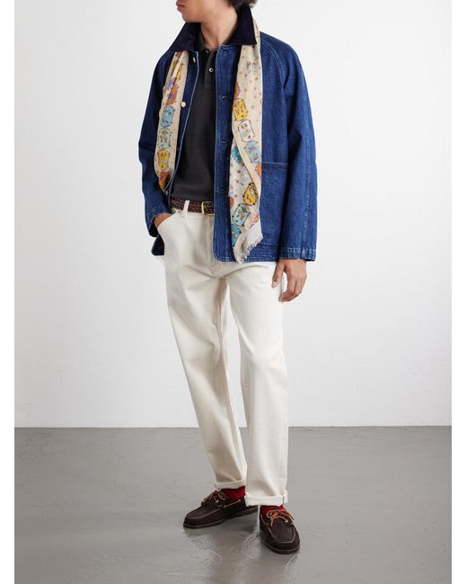 Drake's Natural Frayed Printed Wool And Silk-Blend Scarf for men