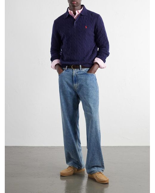Polo Ralph Lauren Blue Cable-Knit Wool And Cashmere-Blend Polo Sweater for men