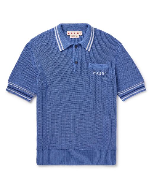 Marni Blue Logo-embroidered Striped Cotton Polo Shirt for men