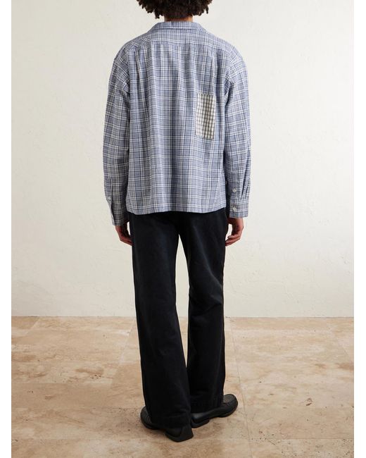 STORY mfg. Blue Greetings Camp-collar Patchwork Checked Organic Cotton Shirt for men