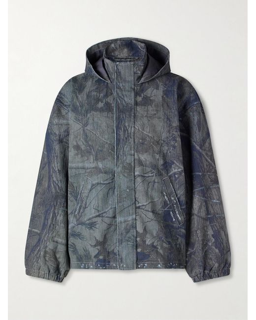Balenciaga Blue Logo-Embroidered Distressed Printed Denim Hooded Jacket for men