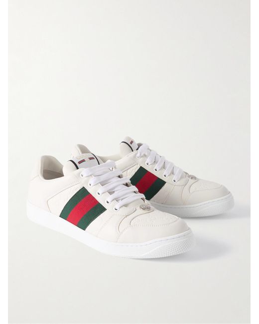 Gucci White Screener Webbing-trimmed Logo-embossed Leather Sneakers for men