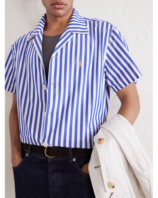 Calliope Camp-Collar Embroidered Striped Cotton-Poplin Shirt di Bode in Blue da Uomo