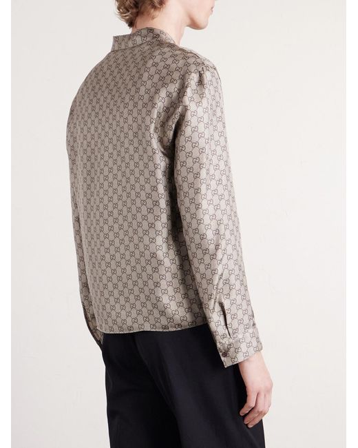 Gucci White Camp-Collar Logo-Jacquard Silk-Twill Shirt for men