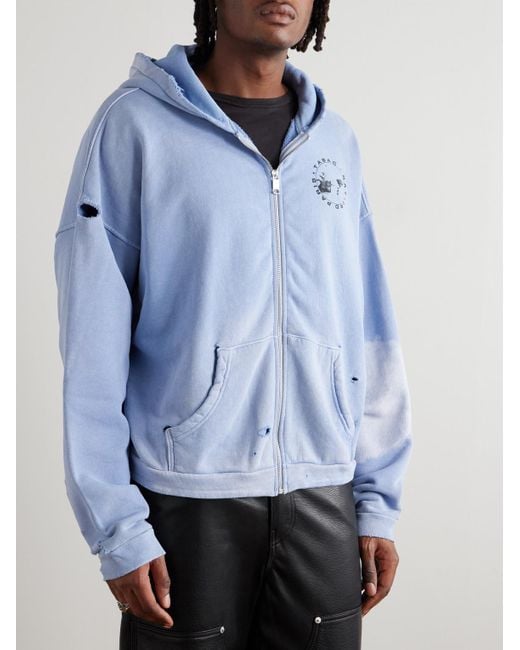 Enfants Riches Deprimes Blue Printed Distressed Cotton-Jersey Zip-Up Hoodie for men