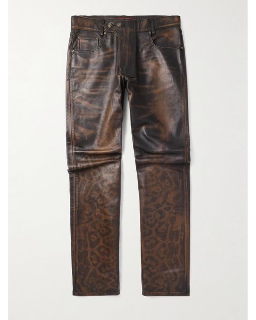 424 Gray Straight-Leg Leopard-Print Leather Trousers for men