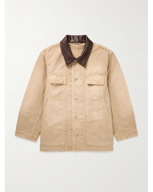 Auralee Natural Oversized Leather-Trimmed Cotton-Canvas Jacket for men