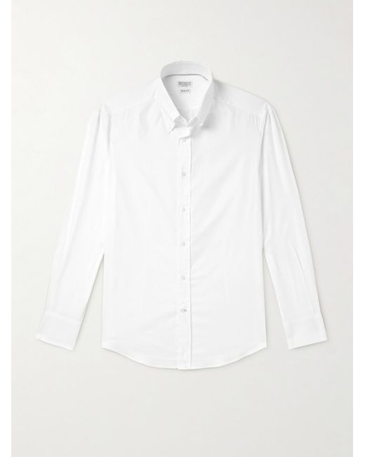 Brunello Cucinelli White Button-Down Collar Cotton-Poplin Shirt for men