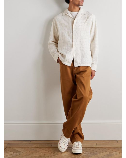 NN07 White Ben 50041 Camp-Collar Embroidered Checked Organic Cotton-Blend Shirt for men