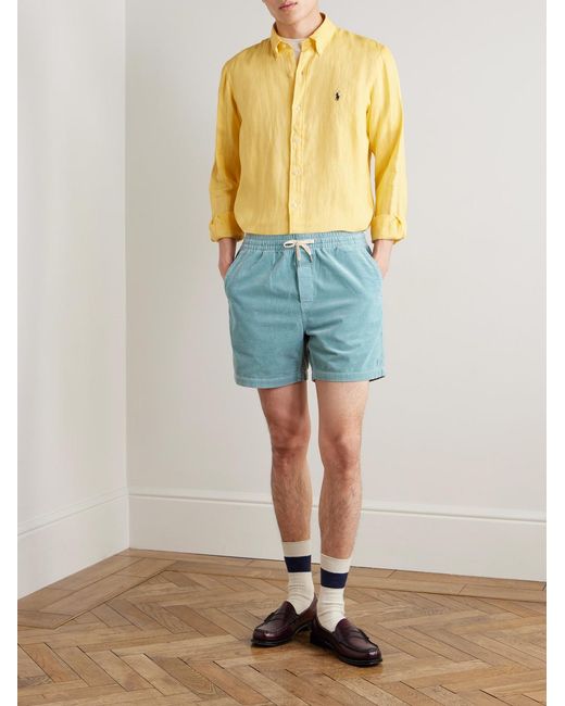 Polo Ralph Lauren Blue Straight-Leg Logo-Embroidered Cotton-Corduroy Drawstring Shorts for men