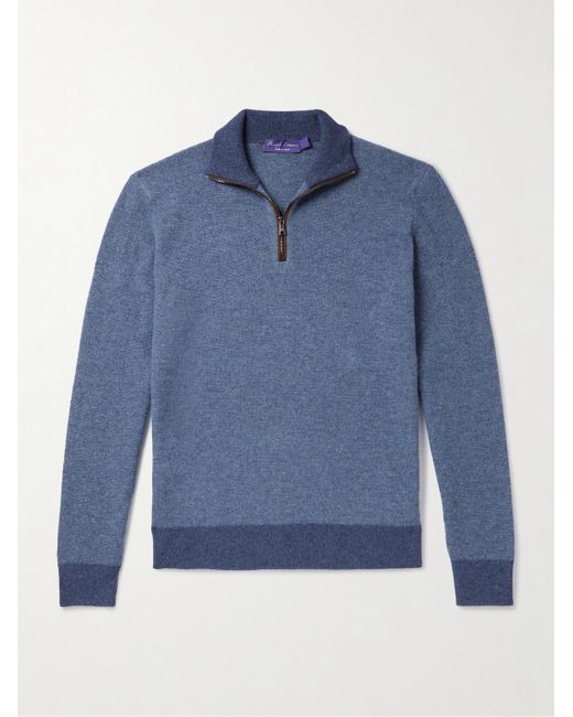 Ralph Lauren Purple Label Blue Suede-trimmed Cashmere Half-zip Sweater for men