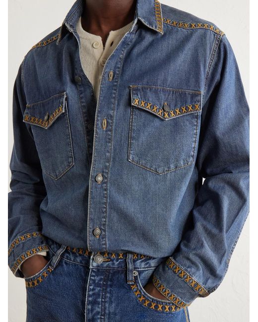 MANAAKI Blue Tukutuku Embroidered Denim Shirt for men