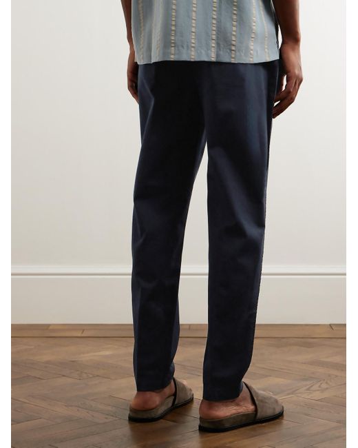 Folk Blue Tapered Cotton-Twill Drawstring Trousers for men