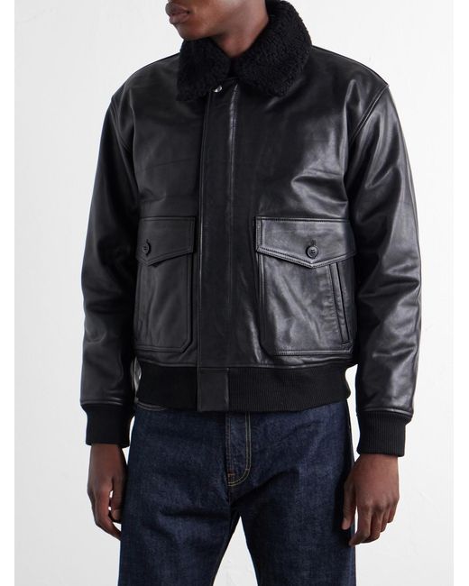 A.P.C. Black Charles Wool-Fleece Trimmed Leather Jacket for men