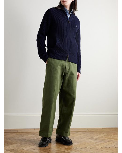 Polo Ralph Lauren Blue Logo-Embroidered Ribbed-Knit Wool And Cotton-Blend Cardigan for men
