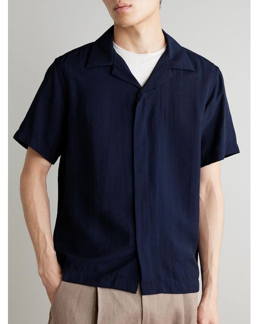 NN07 Blue Hank 5971 Camp-Collar Tencel Modal-Blend Seersucker Shirt for men