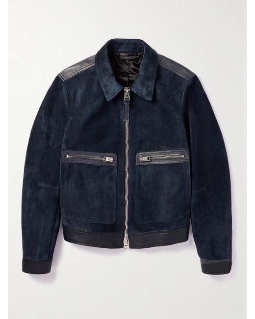 Tom Ford Blue Slim-fit Full-grain Leather-trimmed Suede Blouson Jacket for men