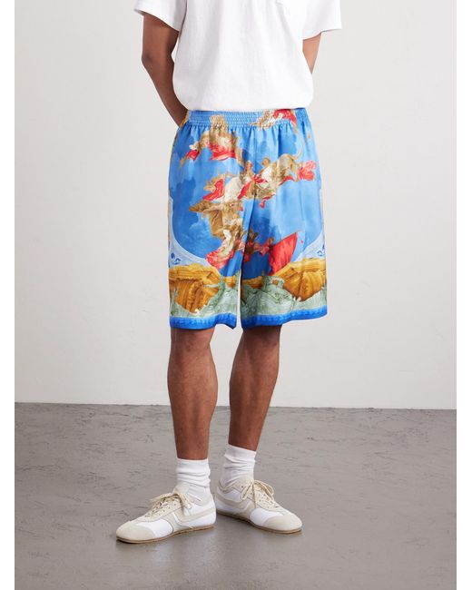 Versace Blue Affresco Printed Silk-Twill Shorts for men