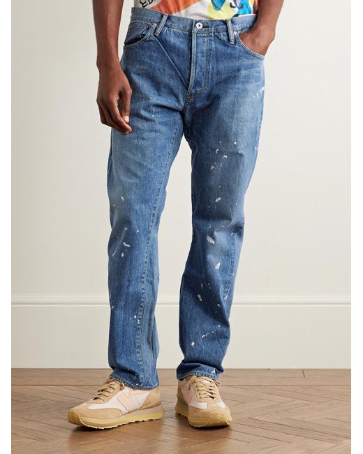 Visvim Blue Social Sculpture 11 Slim-Fit Straight-Leg Paint-Splattered Jeans for men