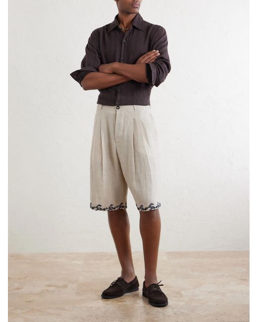 Kartik Research White Straight-leg Pleated Embroidered Linen Shorts for men