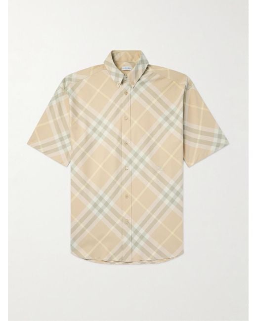 Burberry Natural Button-down Collar Logo-embroidered Checked Cotton-twill Shirt for men