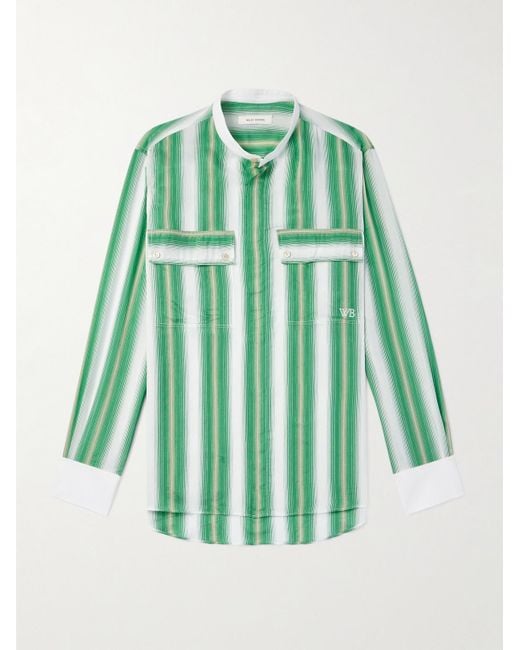 Wales Bonner Green Cadence Grandad-collar Poplin-trimmed Striped Woven Shirt for men