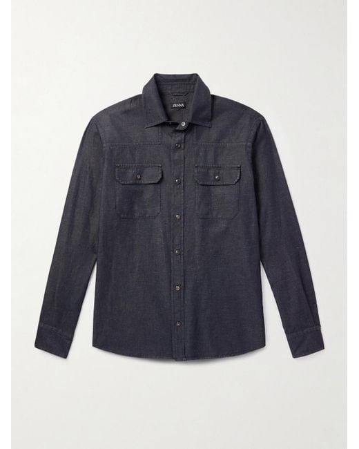 Zegna Blue Slim-Fit Cotton And Linen-Blend Twill Shirt for men