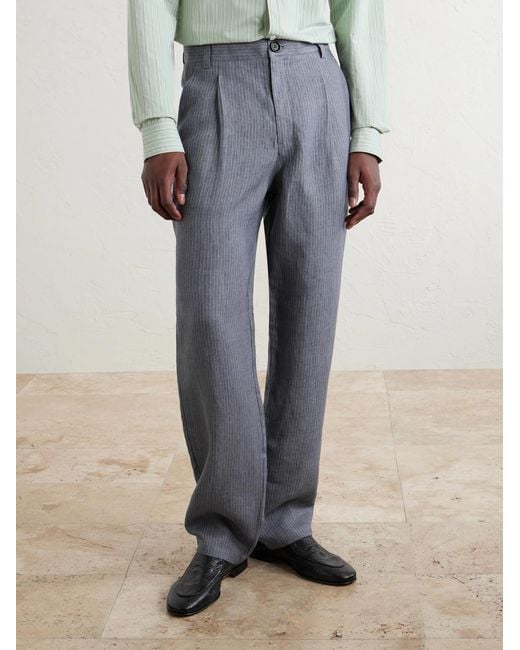 Oliver Spencer Gray Morton Straight-Leg Pleated Striped Linen Suit Trousers for men