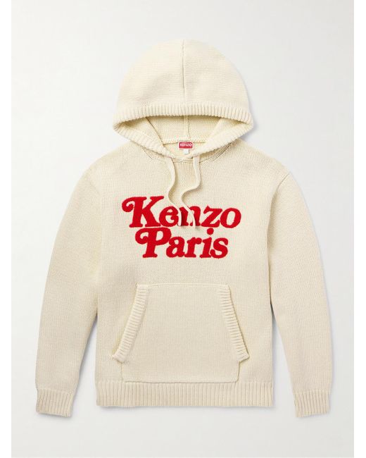 KENZO White Logo-appliquéd Cotton Hoodie for men