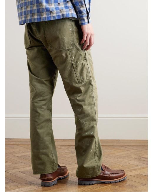 RRL Green Straight-leg Paint-splattered Herringbone Cotton-twill Trousers for men